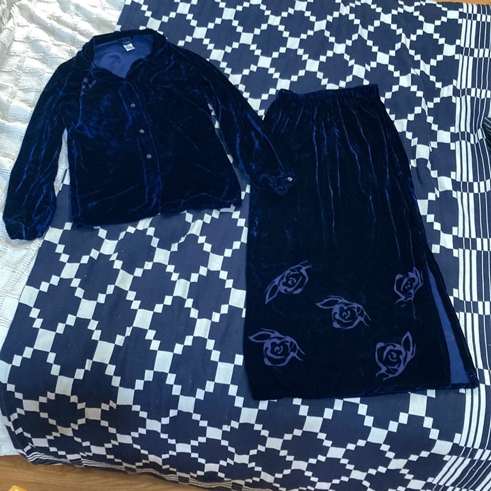 Vintage 90s Kiko rose velvet navy blue set with button down blouse + maxi skirt